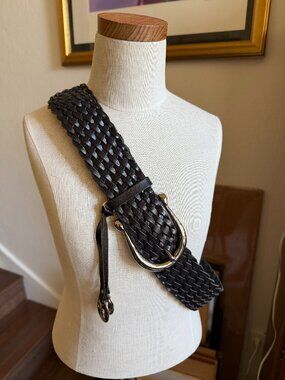 Michael Kors Black Braided Leather Belt with Silver Logo Charms